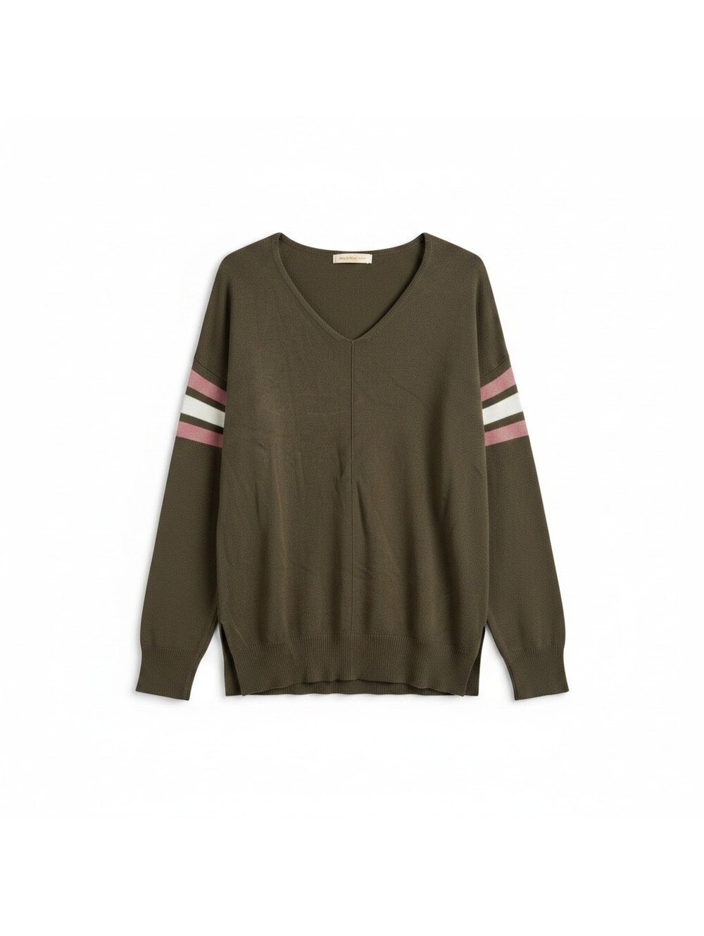 Pink Rose Womens S Brown V Neck Sweater Striped Sleeve High Low Pullover